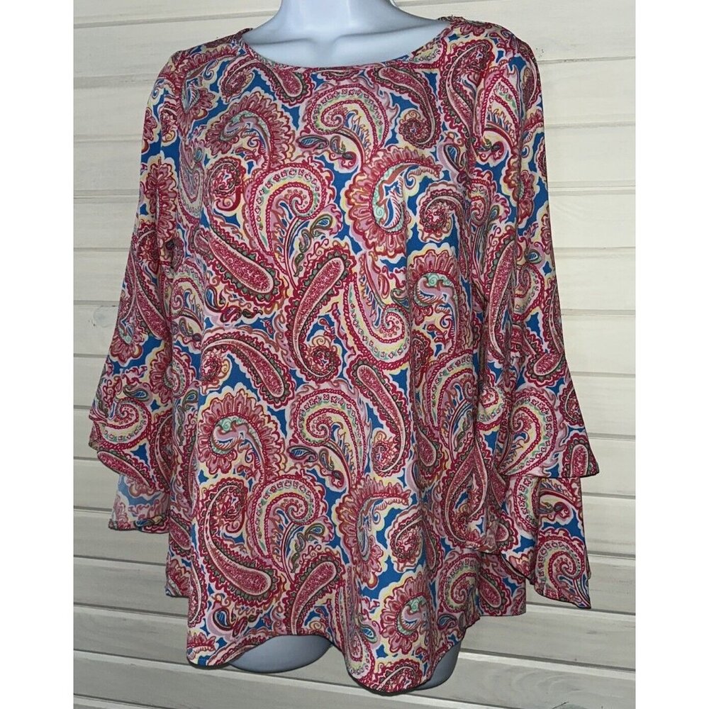 Belle by Kim Gravel Sz XS Paisley Print Flutter Sleeve Top A307916 Pink Blue EUC